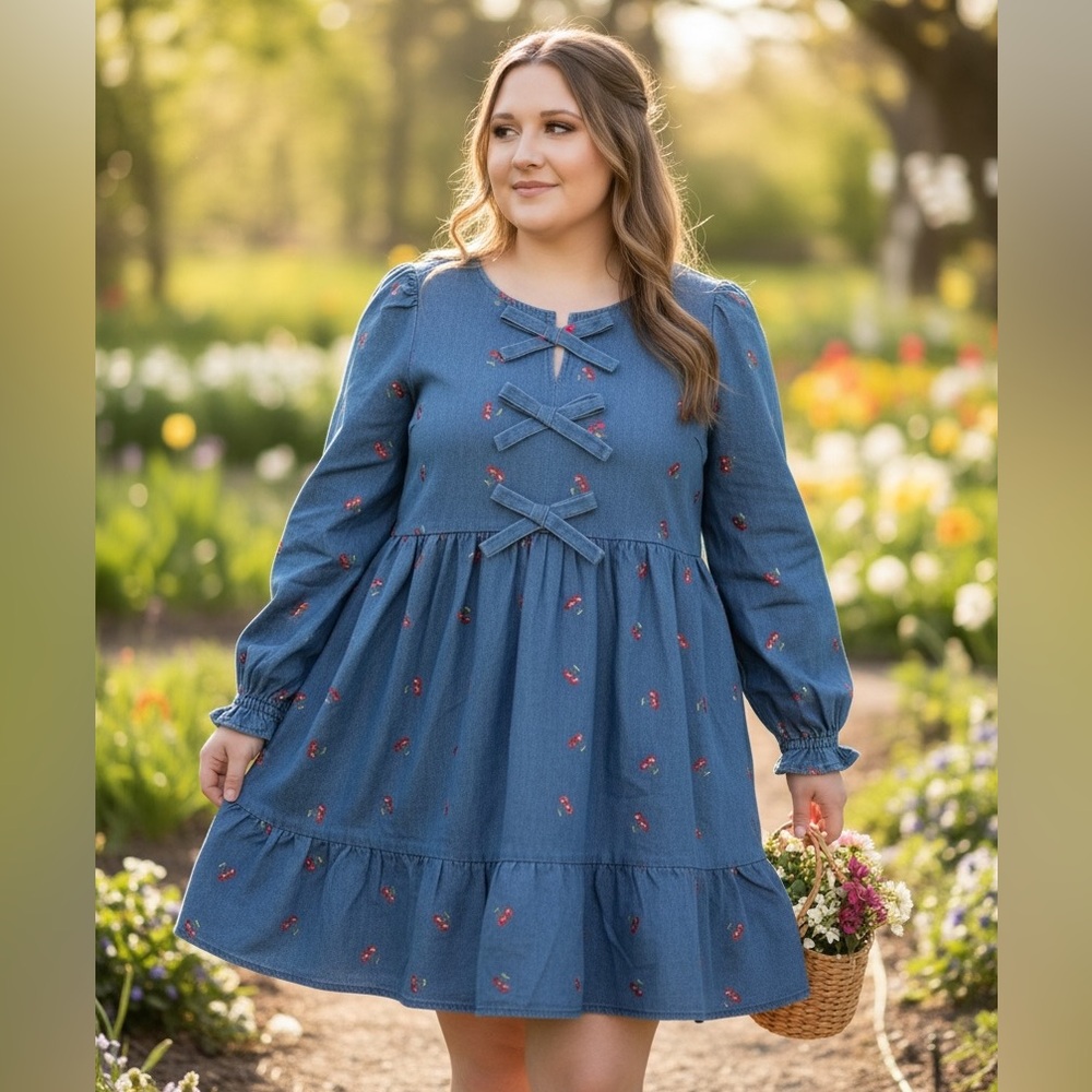 Very J Denim Cherry Patterned Dress